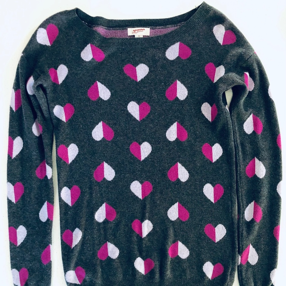 Arizona Jean Co. Grey sweater with pink and lavender hearts